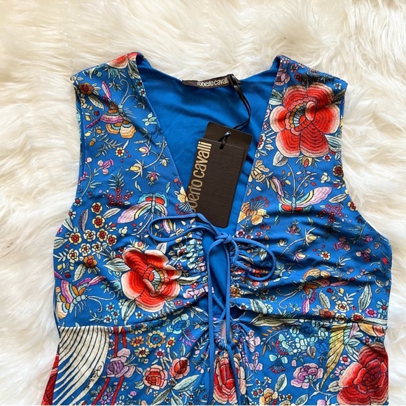 New! Rare ROBERTO CAVALLI Logo Tasseled Ruched Floral Tiger Print Crepe Top - Picture 9 of 16
